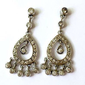 Vintage Art Deco Nouveau Flapper Sterling Silver Diamond CZ Dangle Earrings 925